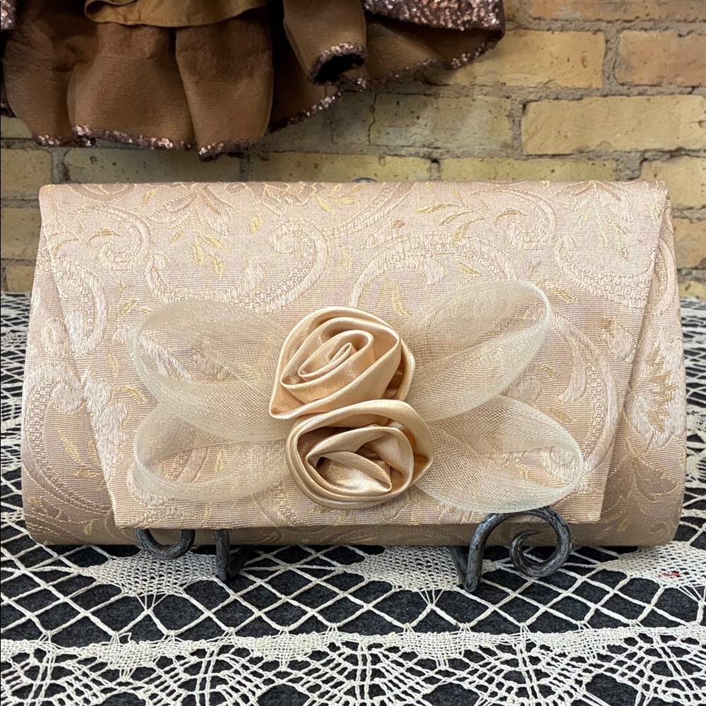 Midnight Velvet Elegant Beige Clutch with Floral Detail, NWT